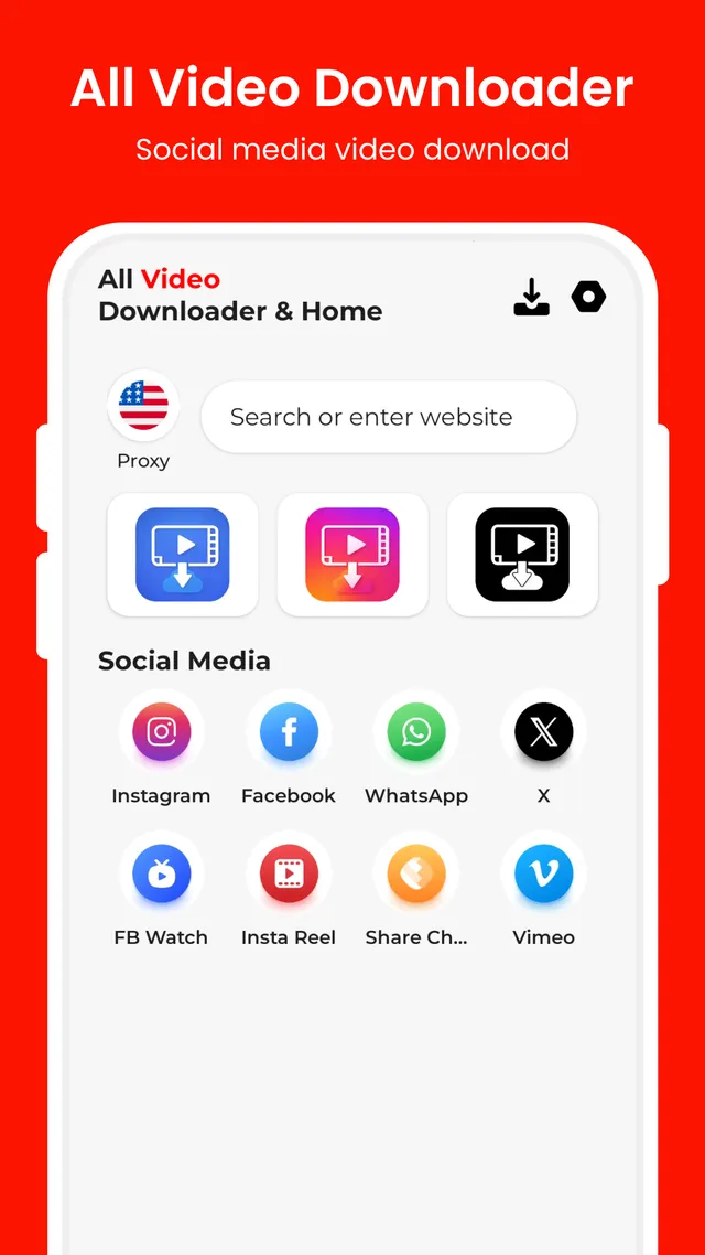 Home screen with the built-in browser search bar, proxy toggle and one-tap social shortcuts