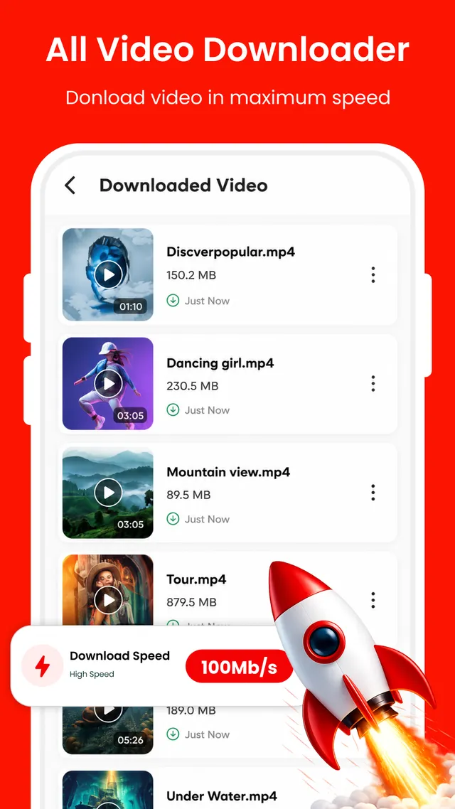 Downloaded video list showing file names, sizes and the high-speed download indicator