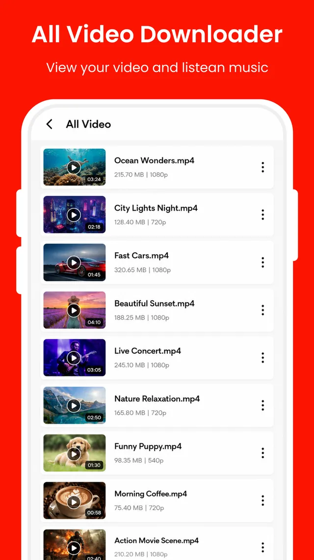All Video list showing each file with its duration, size and resolution
